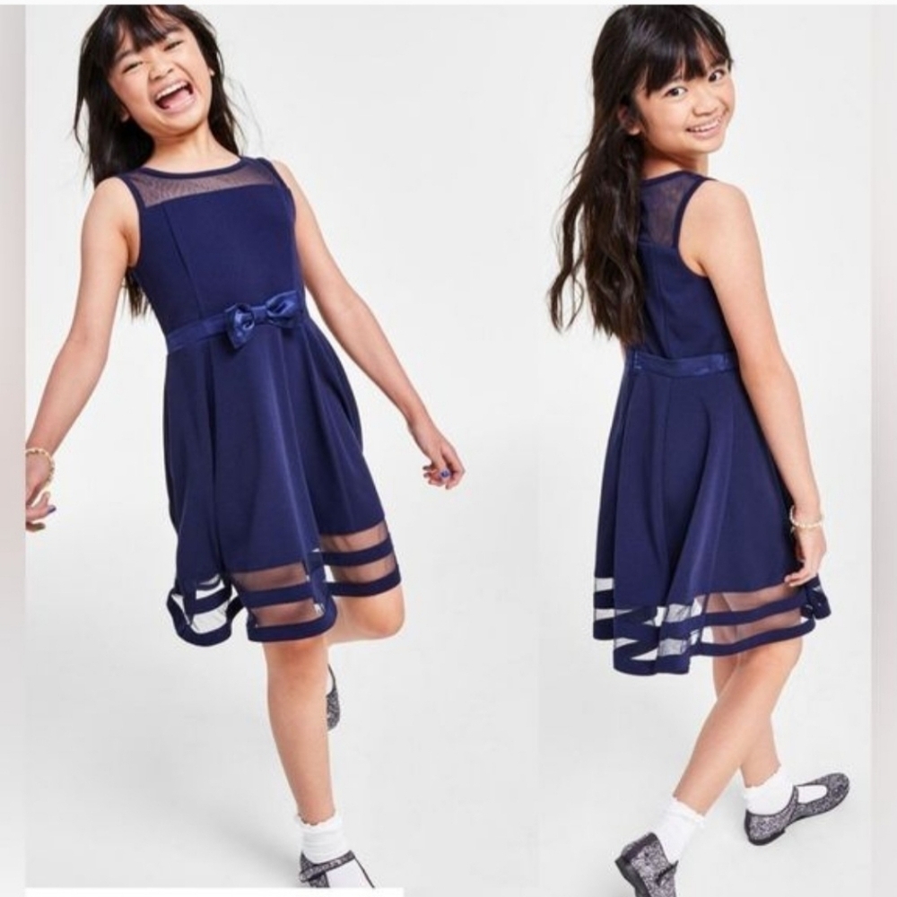 Calvin Klein Girls Illusion Mesh‎ Bow Front Navy Dress Size: 10